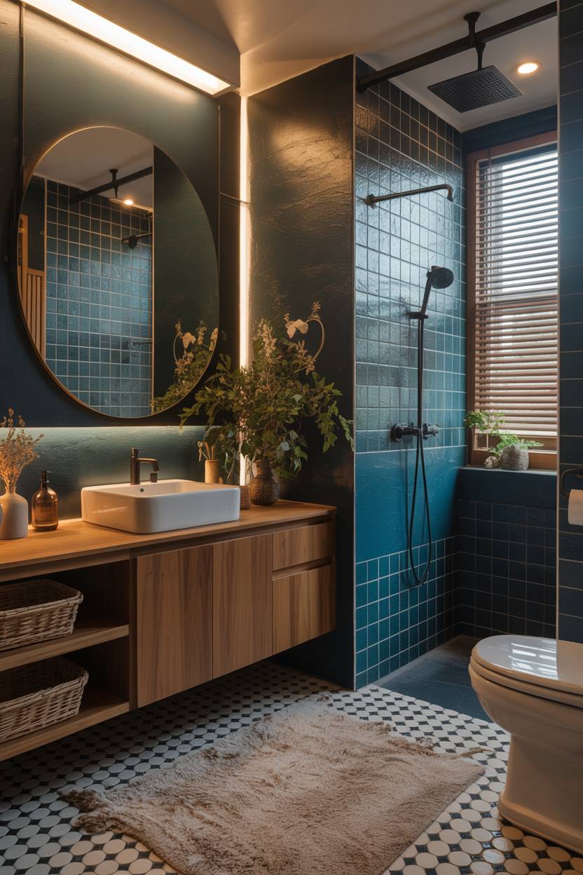 25 Dark Modern Bathroom Ideas for a Bold, Sleek Look 6 Luxury bathroom with dark teal accent wall, turquoise mosaic shower tiles, circular wooden-framed mirror, floating wood vanity