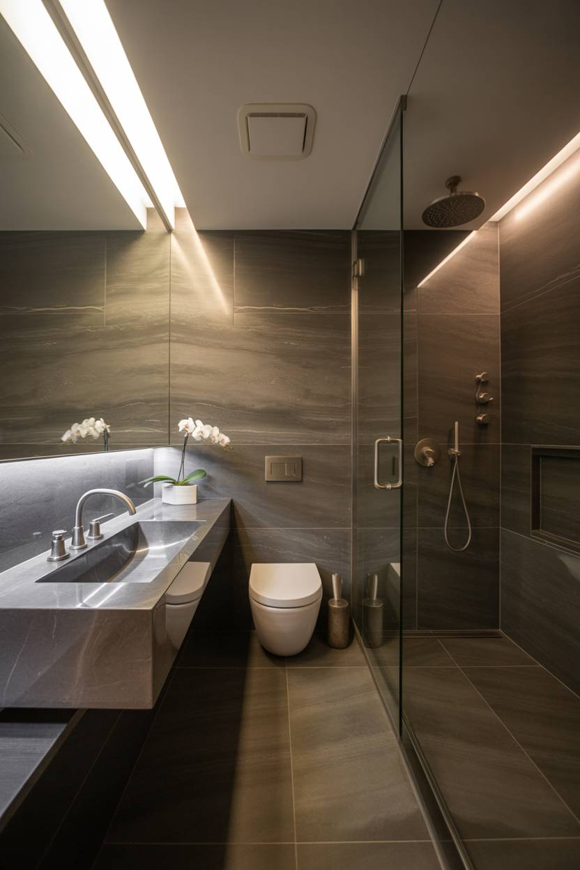 25 Dark Modern Bathroom Ideas for a Bold, Sleek Look 7 Modern bathroom with dark gray marble tiles, brushed nickel fixtures, floating sink, glass-enclosed shower with rainfall head