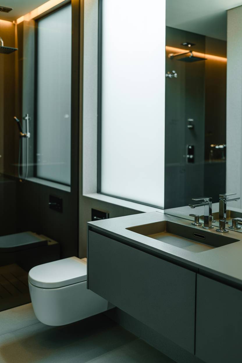 25 Dark Modern Bathroom Ideas for a Bold, Sleek Look 8 Minimalist bathroom with floating dark gray vanity, rectangular ceramic sink, chrome faucet, wall-mounted toilet, glass shower