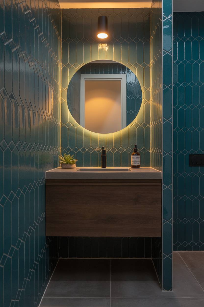 25 Dark Modern Bathroom Ideas for a Bold, Sleek Look 9 Modern half bathroom with dark teal hexagonal wall tiles, floating dark wood vanity, circular mirror, succulent plant
