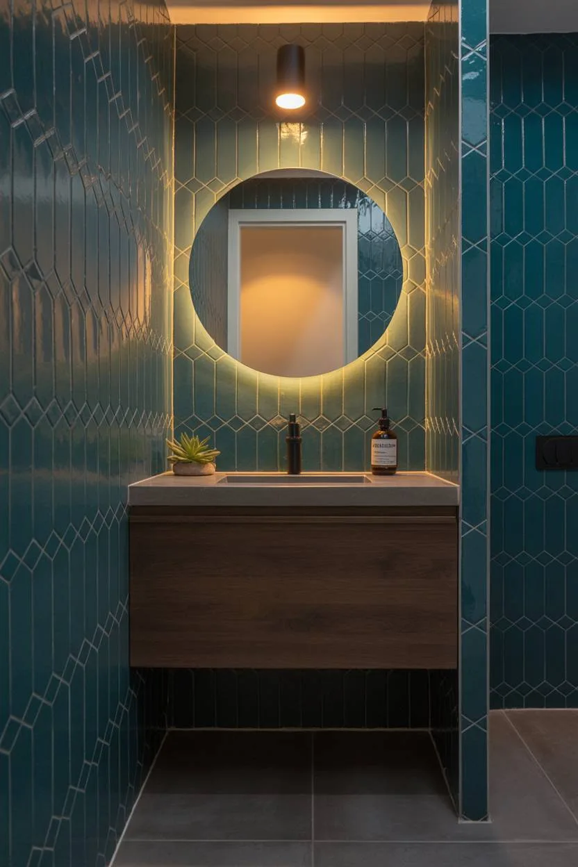 25 Dark Modern Bathroom Ideas for a Bold, Sleek Look 9 Modern half bathroom with dark teal hexagonal wall tiles, floating dark wood vanity, circular mirror, succulent plant