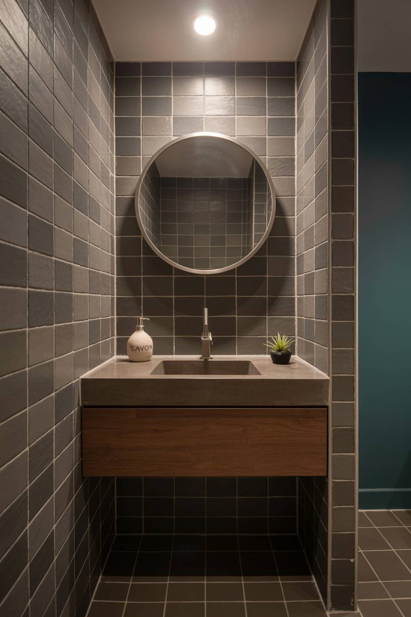 25 Dark Modern Bathroom Ideas for a Bold, Sleek Look 10 Modern half bathroom featuring dark grey matte tiles, circular brushed nickel mirror, floating dark wood vanity, ceramic soap dispenser
