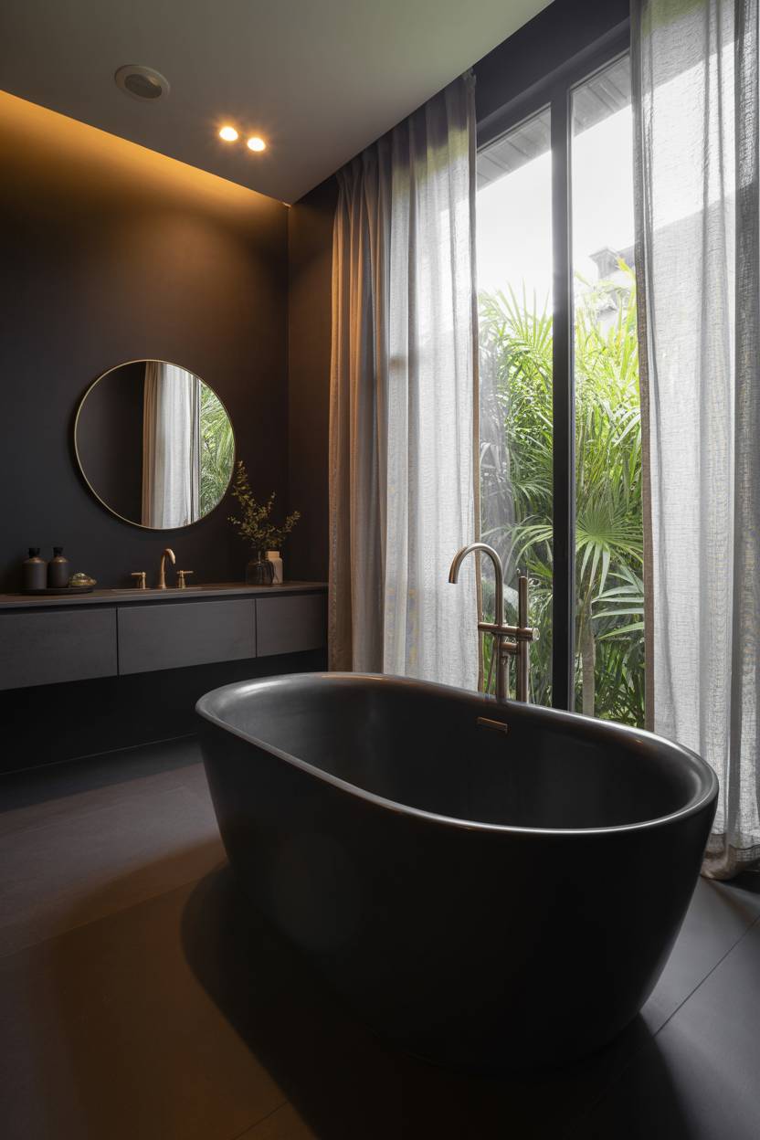 25 Dark Modern Bathroom Ideas for a Bold, Sleek Look 11 Dark modern bathroom with freestanding matte black soaking tub positioned by large window with sheer curtains and garden view