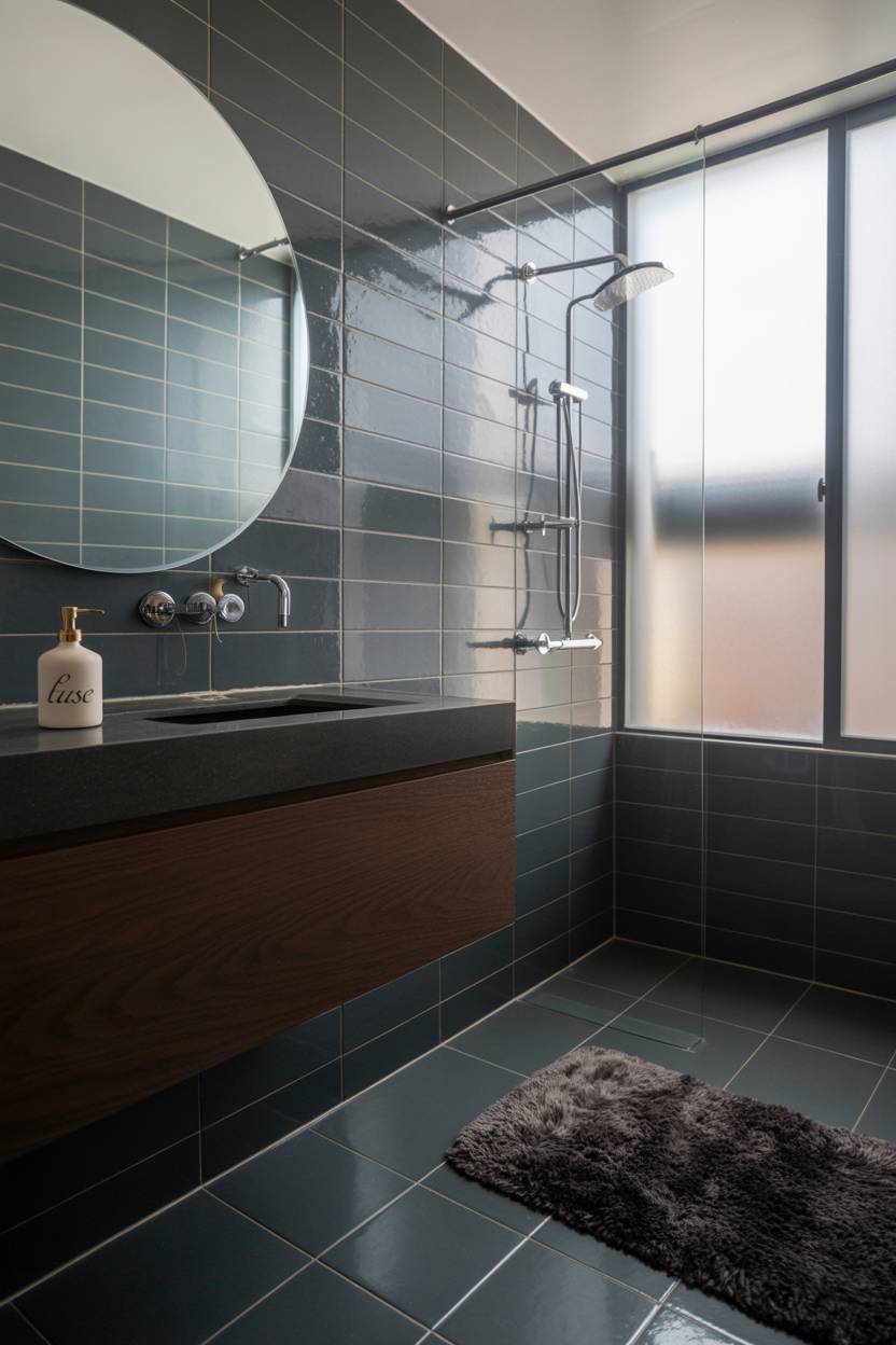 25 Dark Modern Bathroom Ideas for a Bold, Sleek Look 12 Modern bathroom with dark grey tile walls and floor, round mirror above dark walnut vanity, porcelain soap dispenser
