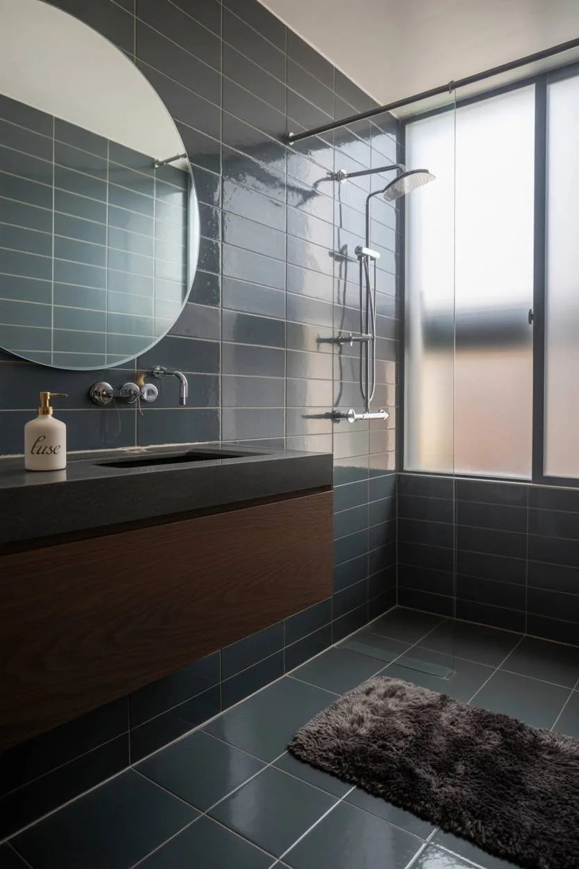 25 Dark Modern Bathroom Ideas for a Bold, Sleek Look 12 Modern bathroom with dark grey tile walls and floor, round mirror above dark walnut vanity, porcelain soap dispenser