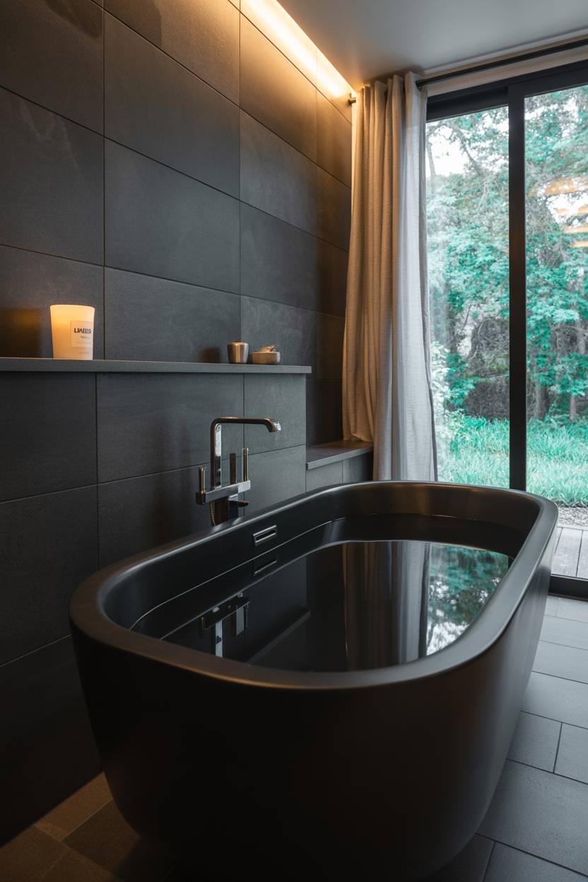 25 Dark Modern Bathroom Ideas for a Bold, Sleek Look 13 Modern bathroom with freestanding black bathtub, dark grey hexagonal wall tiles, brushed nickel fixtures, wooden shelf