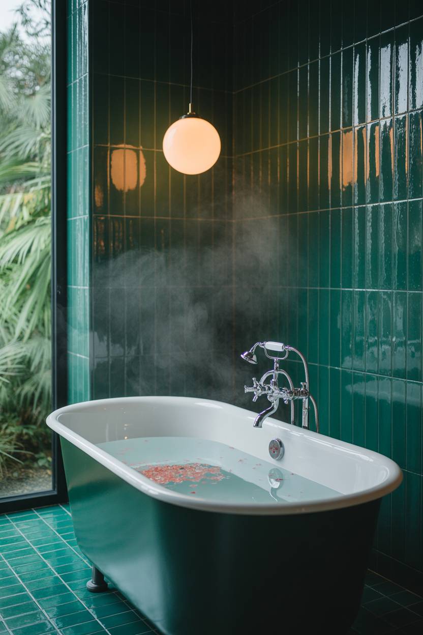 25 Dark Modern Bathroom Ideas for a Bold, Sleek Look 14 Modern bathroom with deep emerald green tile walls, freestanding chrome bathtub filled with bubbling water and pink bath salts