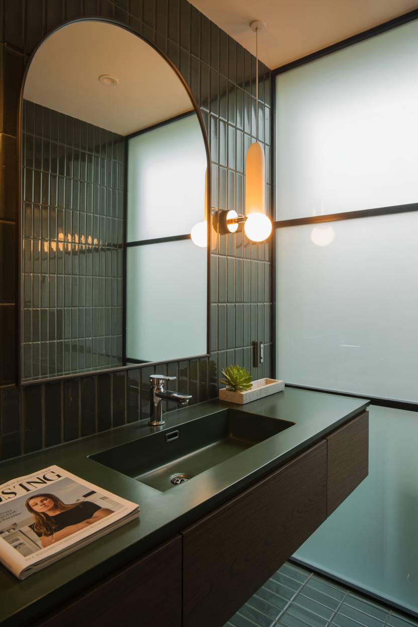 25 Dark Modern Bathroom Ideas for a Bold, Sleek Look 15 Modern bathroom with dark green floor-to-ceiling matte tiles, floating dark wood vanity, large arched mirror, single sconce
