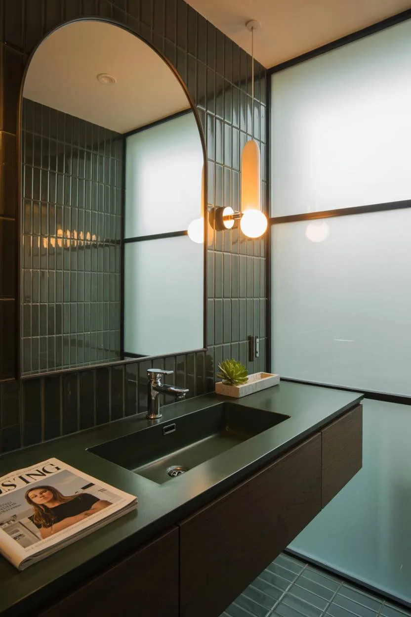 25 Dark Modern Bathroom Ideas for a Bold, Sleek Look 15 Modern bathroom with dark green floor-to-ceiling matte tiles, floating dark wood vanity, large arched mirror, single sconce