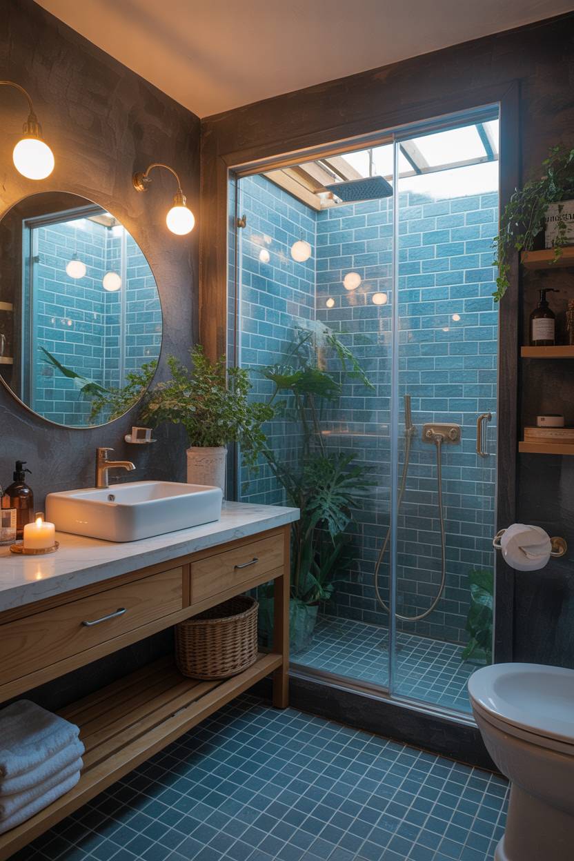 25 Dark Modern Bathroom Ideas for a Bold, Sleek Look 16 Luxury bathroom with turquoise subway tiles, wooden-framed circular mirror, brass fixtures, floating wooden vanity, plant-filled shower