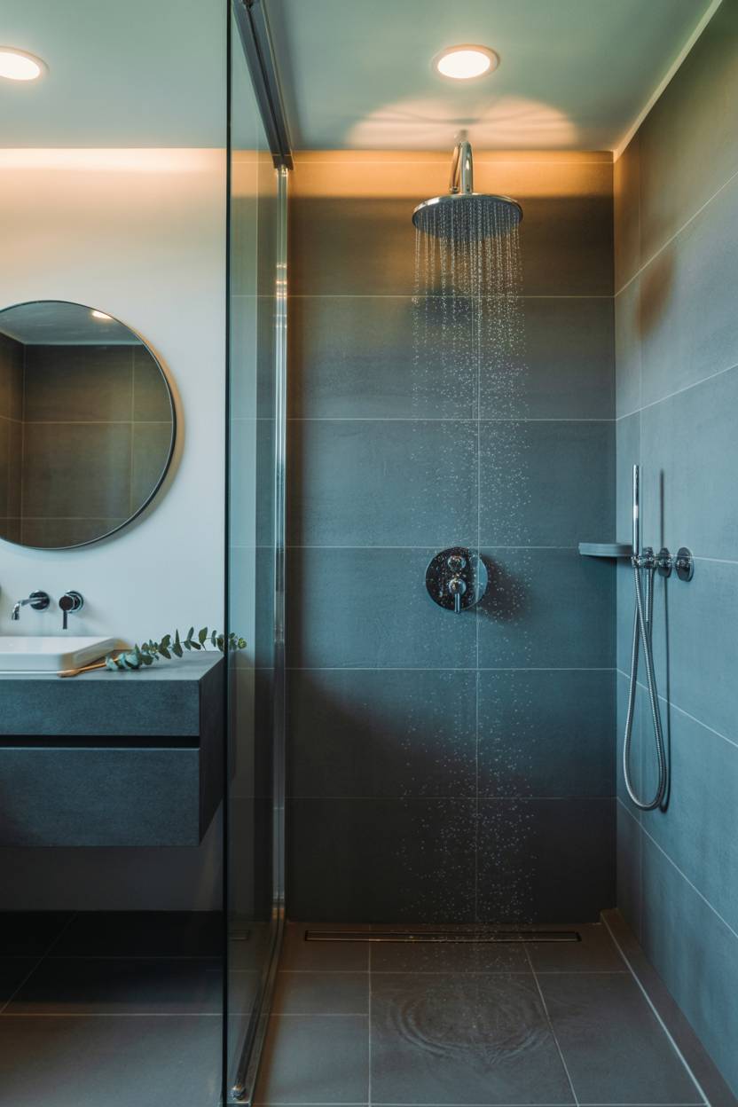25 Dark Modern Bathroom Ideas for a Bold, Sleek Look 17 Modern bathroom with glass shower enclosure, rainfall showerhead, dark grey tiles, floating vanity, circular mirror