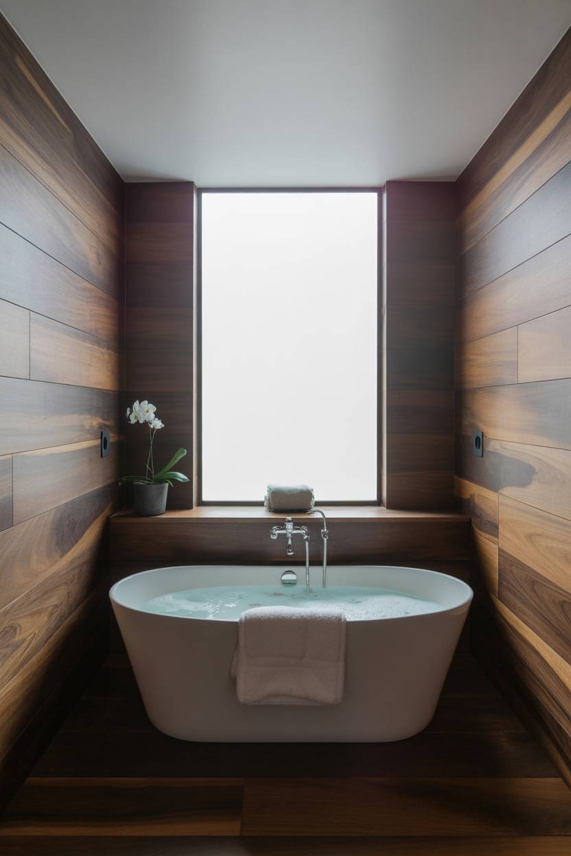 25 Dark Modern Bathroom Ideas for a Bold, Sleek Look 18 Modern bathroom with dark wood paneling walls and floors, freestanding bathtub with chrome fixtures, large window