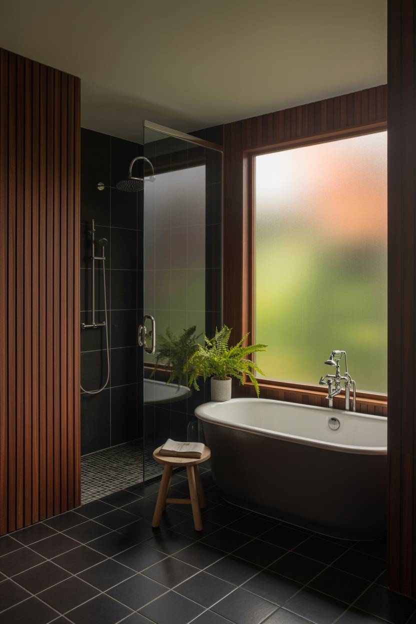25 Dark Modern Bathroom Ideas for a Bold, Sleek Look 19 Modern bathroom with dark wood paneling, black tile flooring, oval freestanding bathtub, frameless glass shower