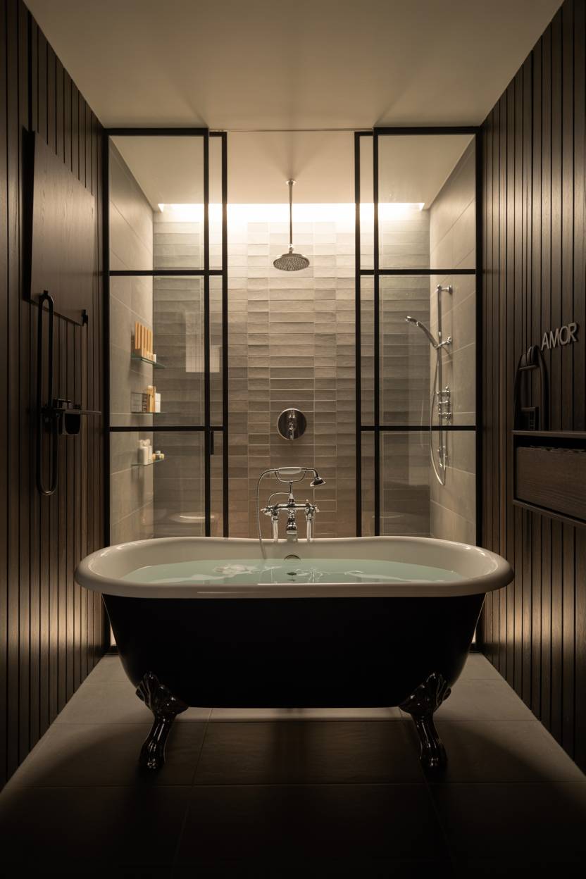 25 Dark Modern Bathroom Ideas for a Bold, Sleek Look 20 Modern bathroom with dark wood paneling, black fixtures, porcelain bathtub with chrome legs, glass shower, rainfall head