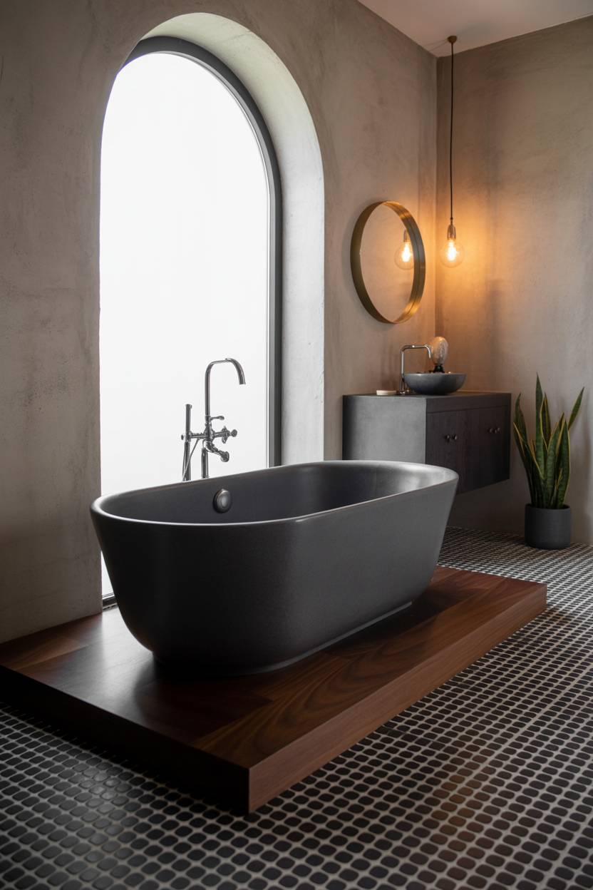 25 Dark Modern Bathroom Ideas for a Bold, Sleek Look 21 Mid-century modern bathroom with charcoal grey soaking tub on walnut platform, concrete walls, geometric floor tiles