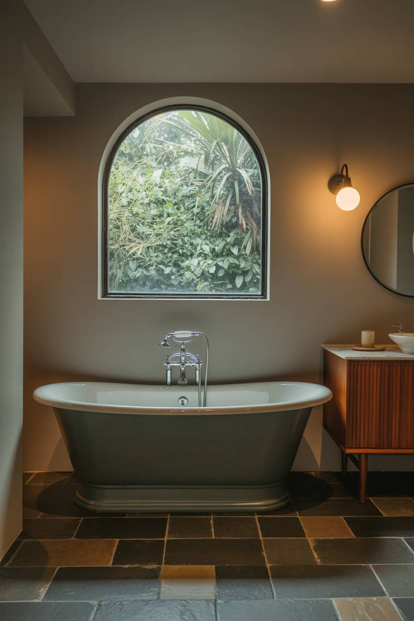 25 Dark Modern Bathroom Ideas for a Bold, Sleek Look 22 Mid-century modern bathroom with charcoal gray freestanding bathtub, slate tile floor, teak wood vanity, round mirror
