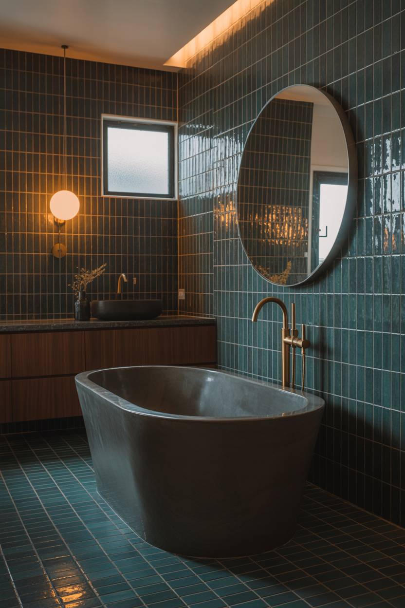 25 Dark Modern Bathroom Ideas for a Bold, Sleek Look 23 Mid-century modern bathroom with dark grey concrete soaking tub, dark teal geometric tile walls, brass fixtures