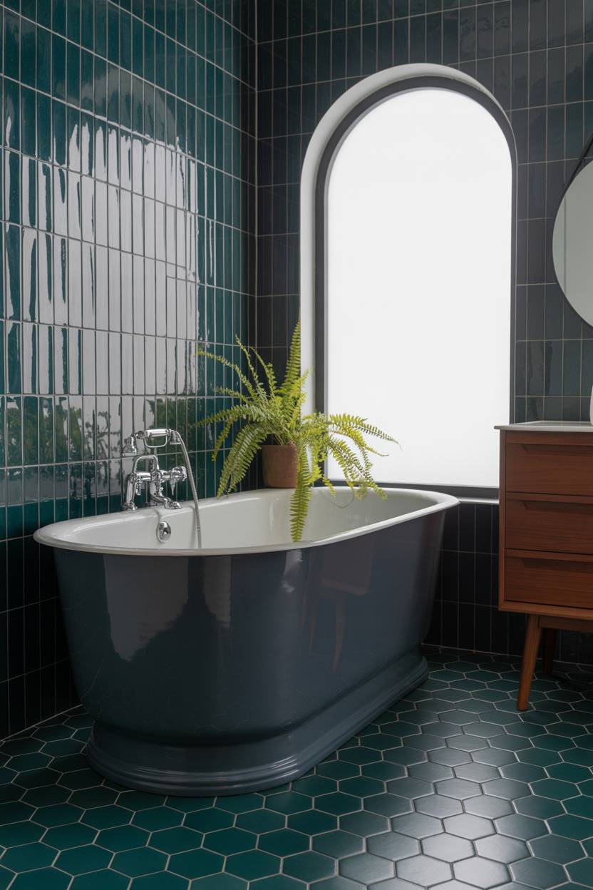 25 Dark Modern Bathroom Ideas for a Bold, Sleek Look 24 Mid-century modern bathroom with charcoal gray freestanding tub, dark teal hexagonal tiles, teak wood vanity