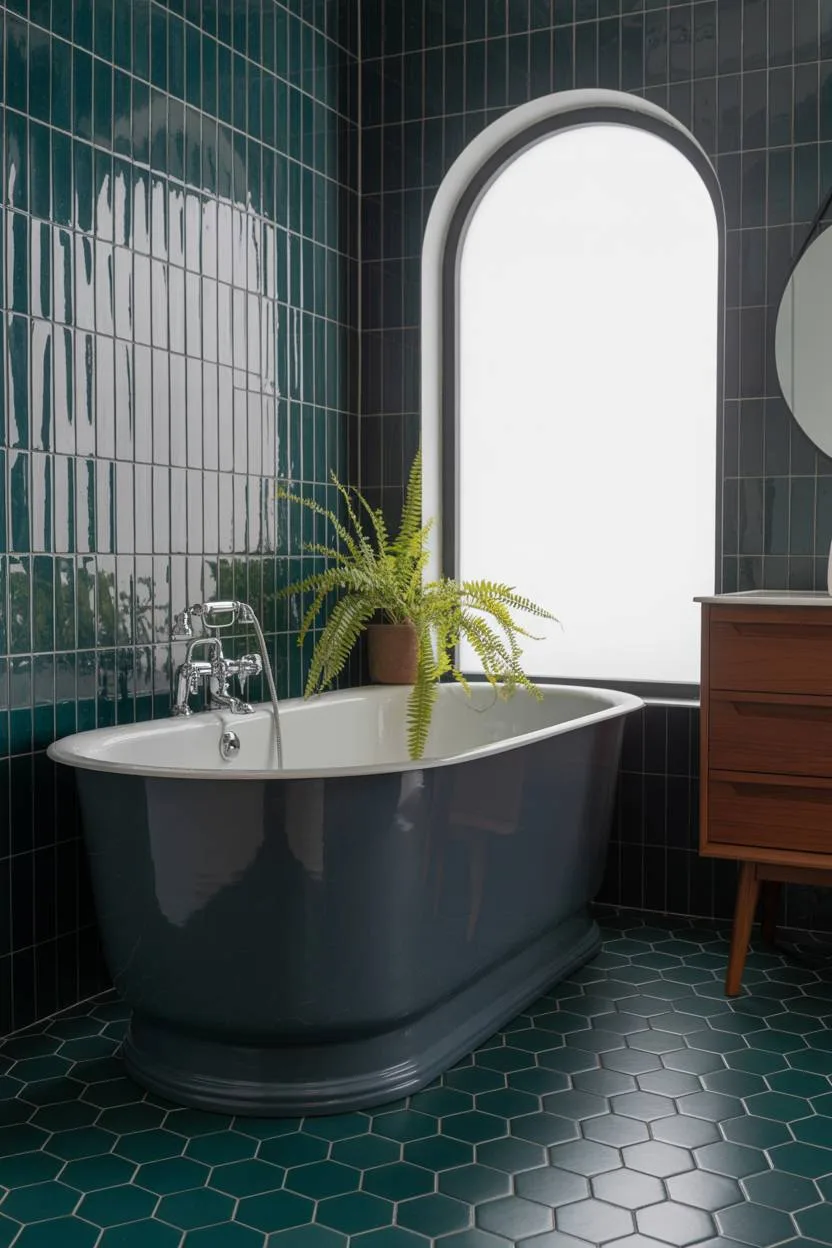 25 Dark Modern Bathroom Ideas for a Bold, Sleek Look 24 Mid-century modern bathroom with charcoal gray freestanding tub, dark teal hexagonal tiles, teak wood vanity