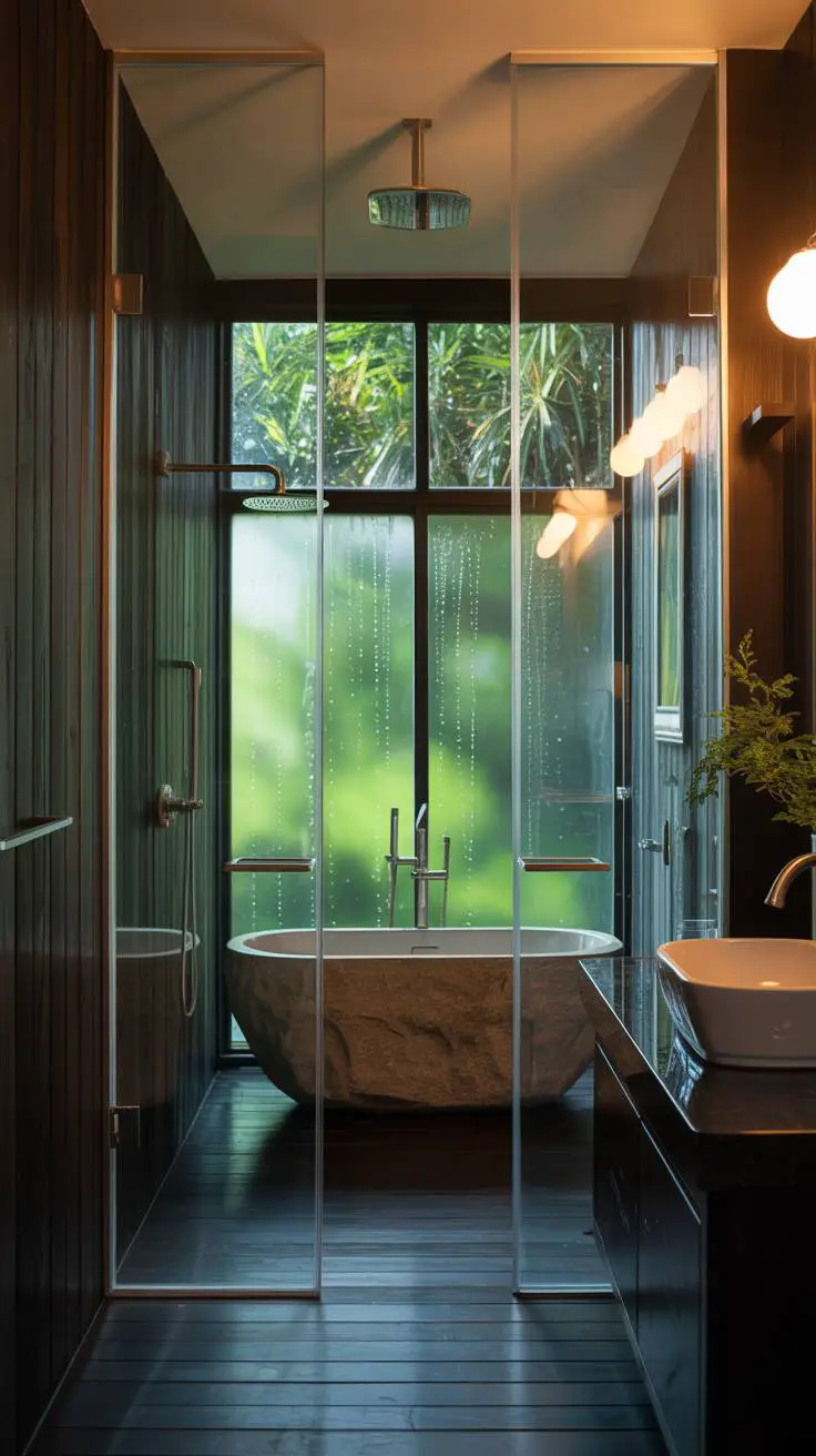 25 Dark Modern Bathroom Ideas for a Bold, Sleek Look 25 Modern bathroom with dark wood paneling, glass shower with rainfall head, freestanding stone bathtub, garden window view