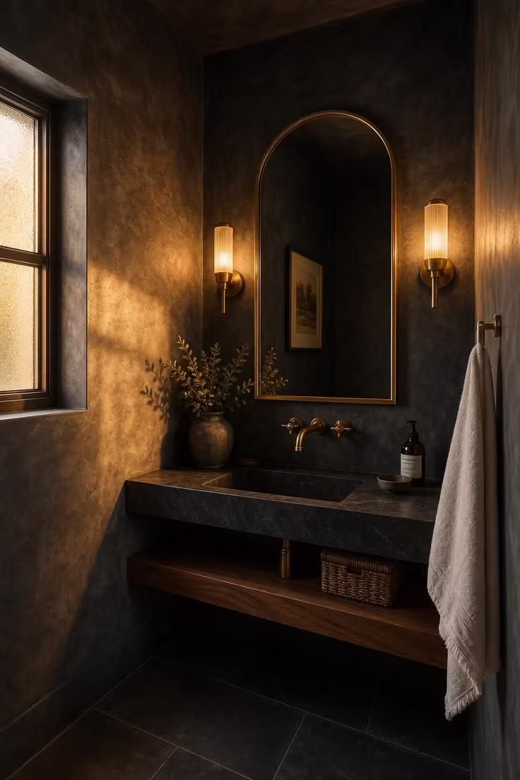 Charcoal Venetian plaster powder room with brass arch mirror and warm sconce lighting