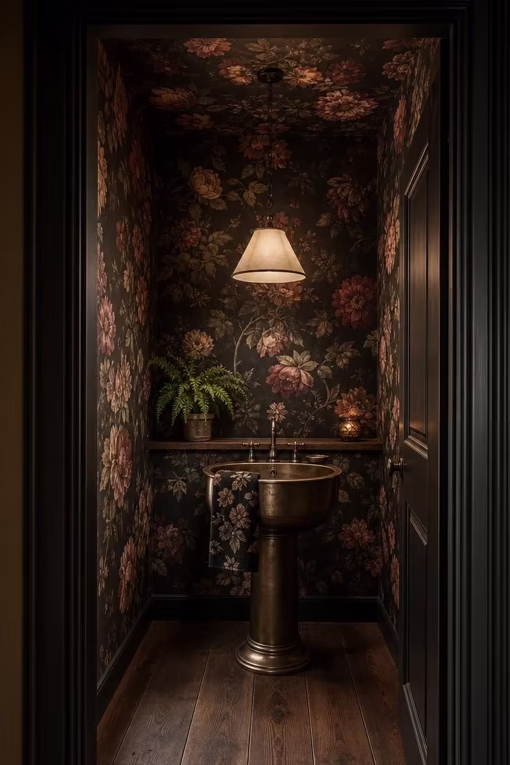 Dark floral wallpaper powder room with aged bronze pedestal sink and linen pendant shade