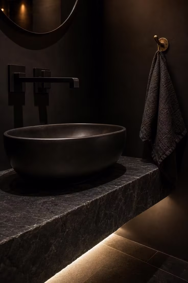 Matte black vessel sink and faucet on soapstone slab with LED strip glow beneath