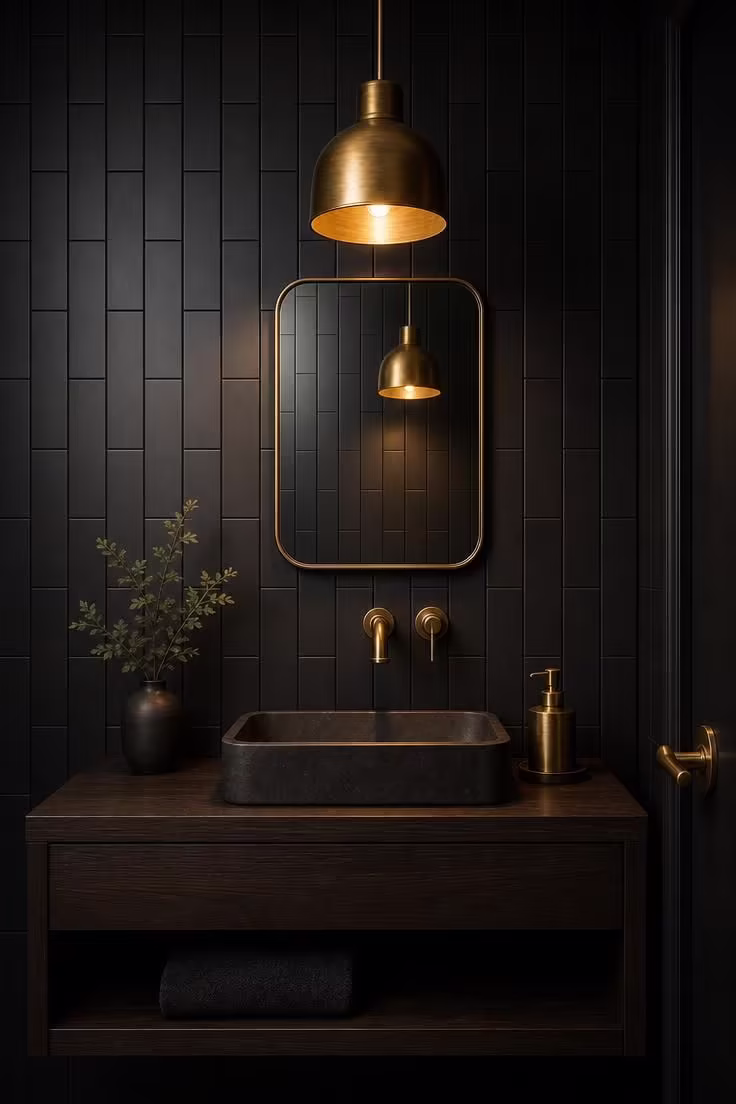 Matte black subway tile powder room with brass pendant light and floating oak vanity