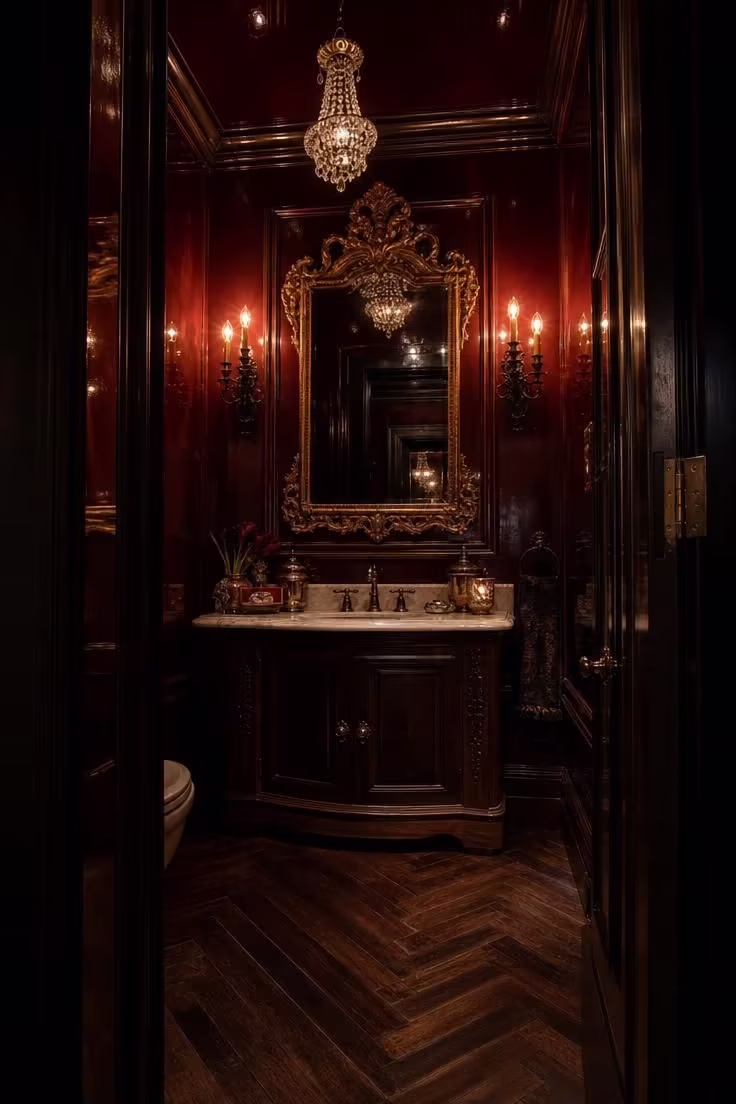 Burgundy lacquered powder room with ornate gilded mirror and iron candle sconces