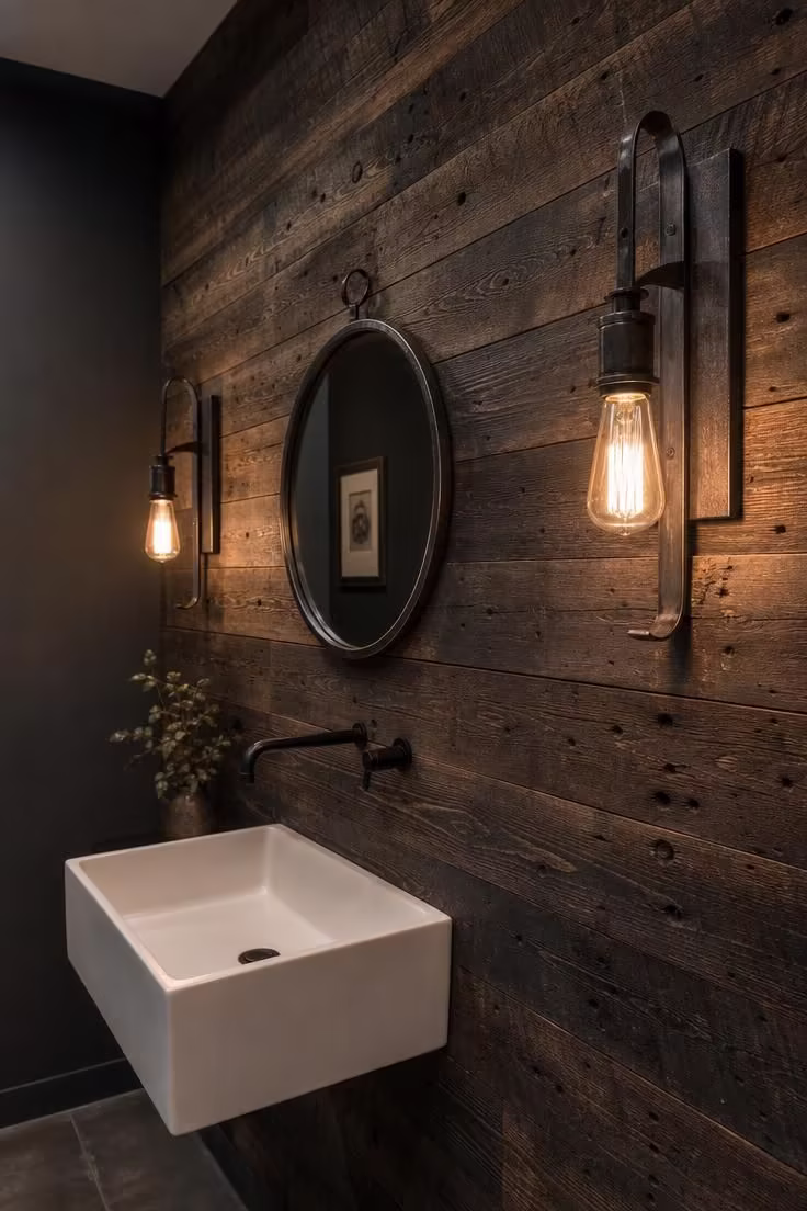 Reclaimed ebony wood paneling with iron sconces and white ceramic wall-hung sink