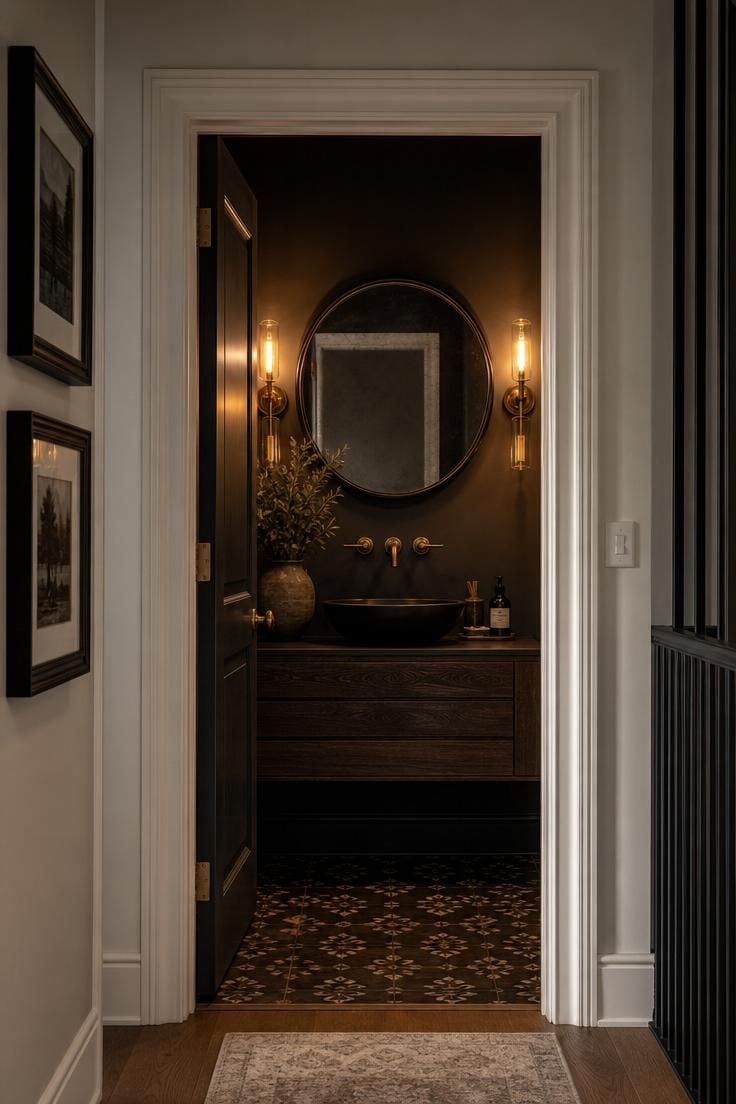 Simple Spaces 17 Dark moody powder room viewed through an open doorway with brass sconces, dark vanity, and patterned floor tile