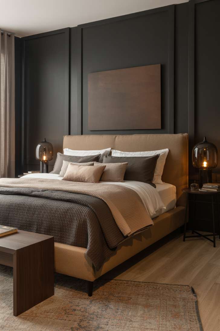 10 Dark Neutral Bedroom Ideas for a Soft, Dramatic Look 1 Dark charcoal bedroom with taupe upholstered bed, espresso and beige layered bedding, walnut bench, and soft amber lighting.