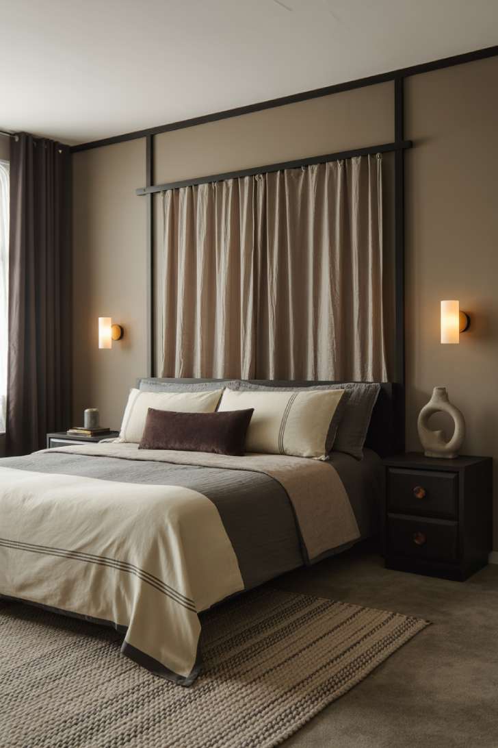 10 Dark Neutral Bedroom Ideas for a Soft, Dramatic Look 3 Greige bedroom with black canopy bed, ivory and slate bedding, brass sconces, and blackout curtains.