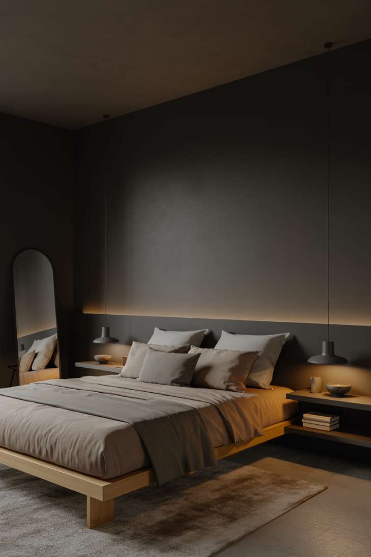 10 Dark Neutral Bedroom Ideas for a Soft, Dramatic Look 5 Soft black bedroom with oak platform bed, warm gray bedding, pendant lights, and plush neutral rug.