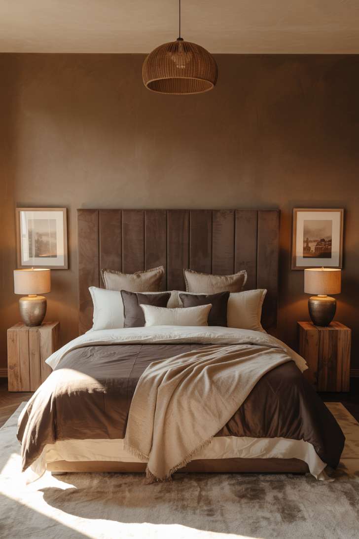 10 Dark Neutral Bedroom Ideas for a Soft, Dramatic Look 6 Cocoa brown limewash bedroom with taupe velvet headboard, ivory and chocolate bedding, woven pendant light.