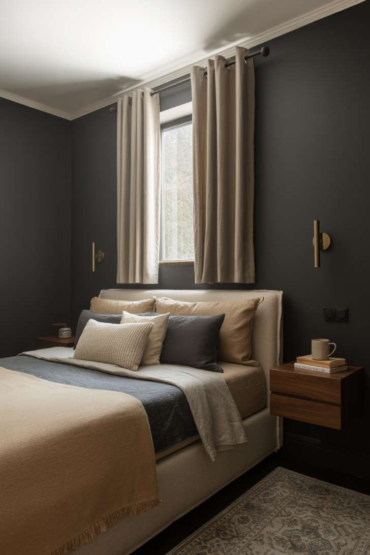 10 Dark Neutral Bedroom Ideas for a Soft, Dramatic Look 7 Small slate gray bedroom with beige upholstered bed, charcoal bedding, brass sconces, and vintage neutral rug.