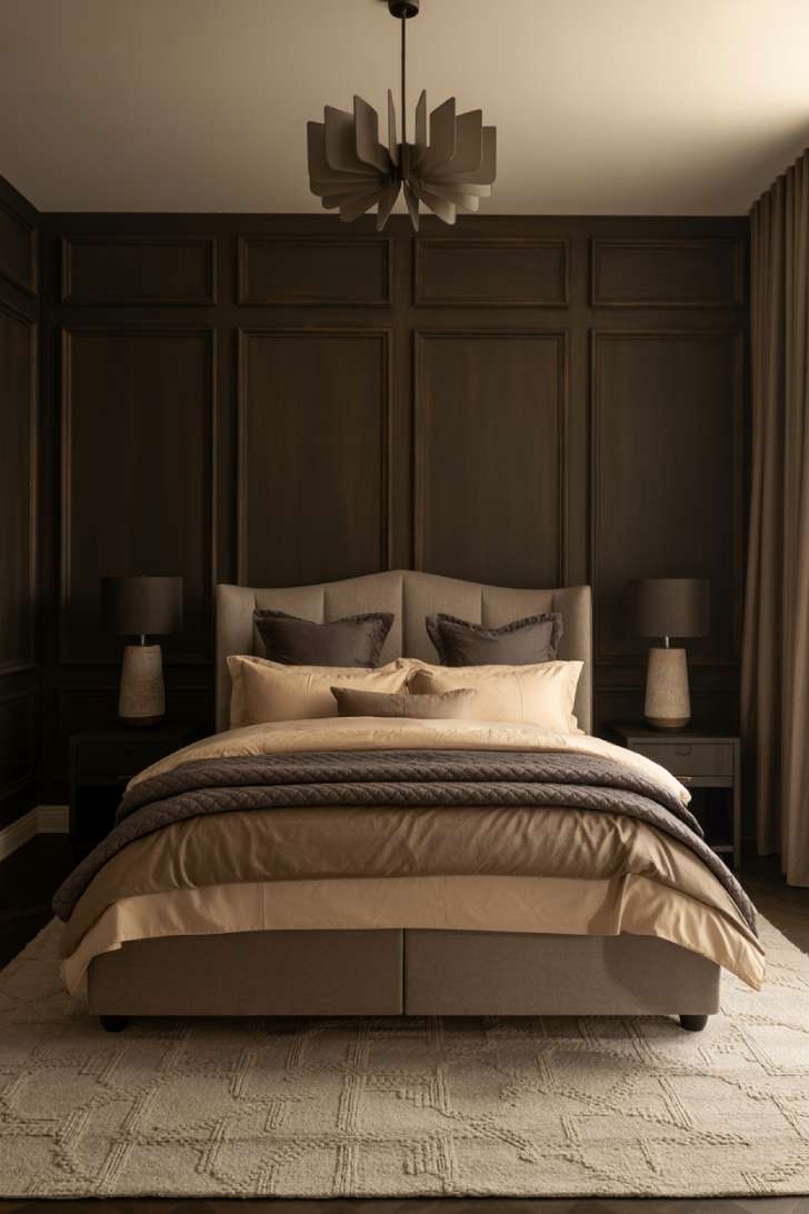 10 Dark Neutral Bedroom Ideas for a Soft, Dramatic Look 8 Espresso paneled bedroom with greige upholstered bed, matching black nightstands, chandelier, and heavy curtains.