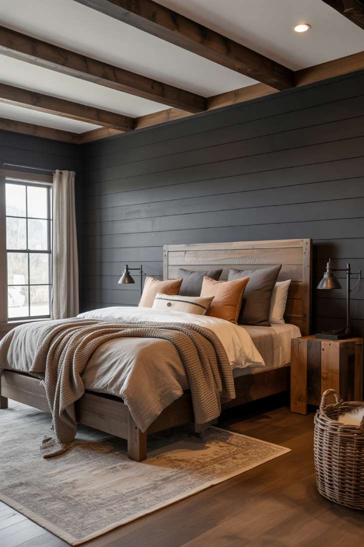 10 Dark Neutral Bedroom Ideas for a Soft, Dramatic Look 9 Charcoal shiplap bedroom with reclaimed wood bed, beige and smoky gray bedding, industrial lamps.