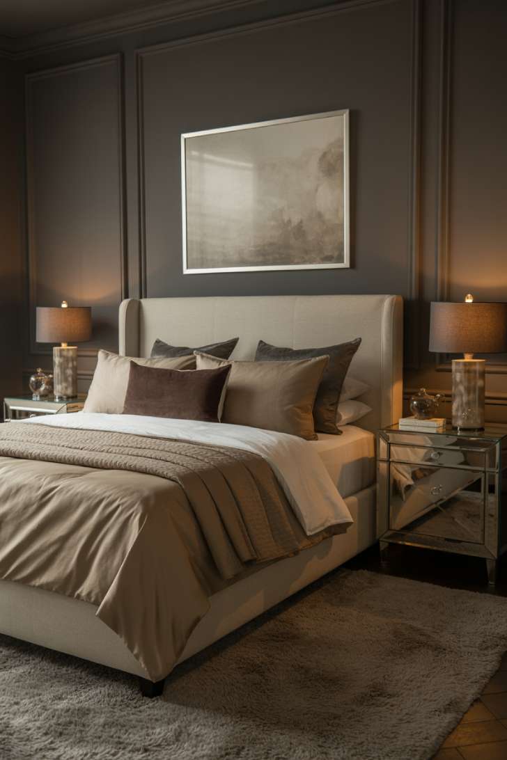 10 Dark Neutral Bedroom Ideas for a Soft, Dramatic Look 10 Warm gray bedroom with tall beige upholstered headboard, taupe and mocha bedding, mirrored nightstands, plush rug.