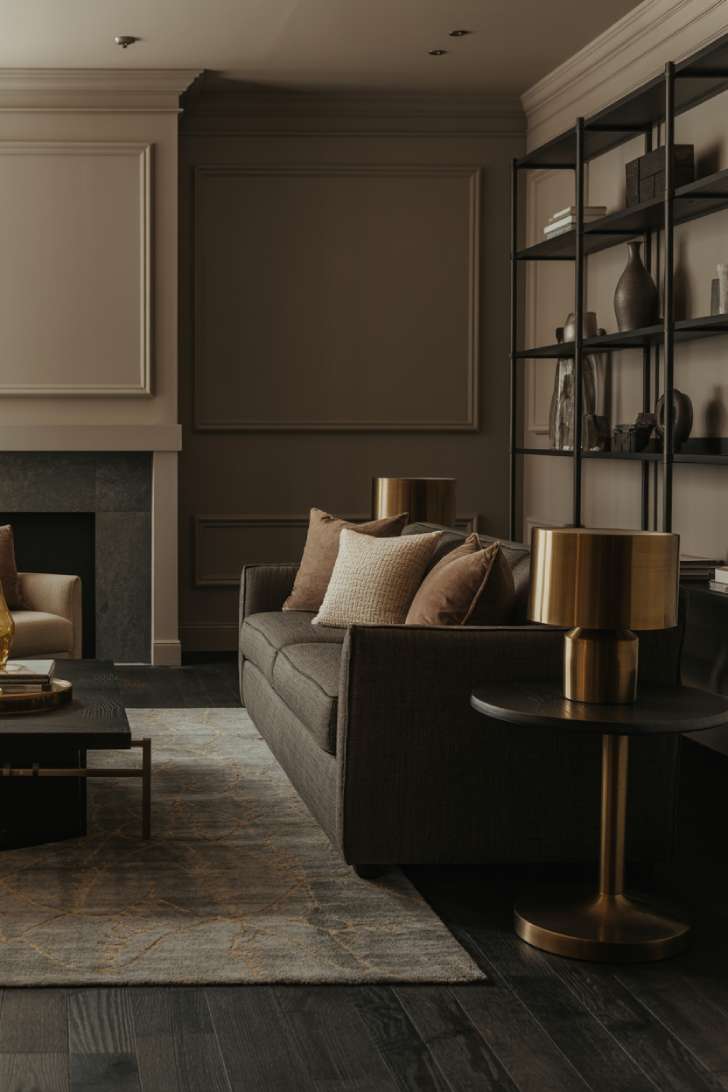 Sophisticated living room with charcoal gray walls, espresso floors, and brass-accented furniture