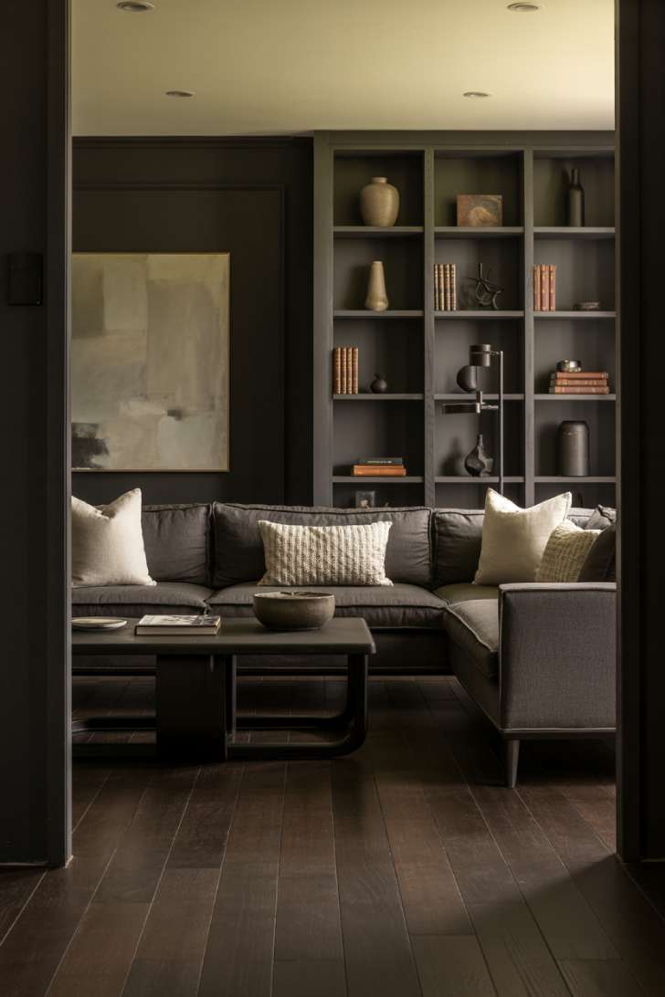 Modern charcoal living room with matte black bookshelves and geometric coffee table