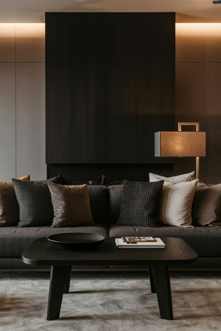 Front view living room with deep charcoal accent wall and light gray side walls