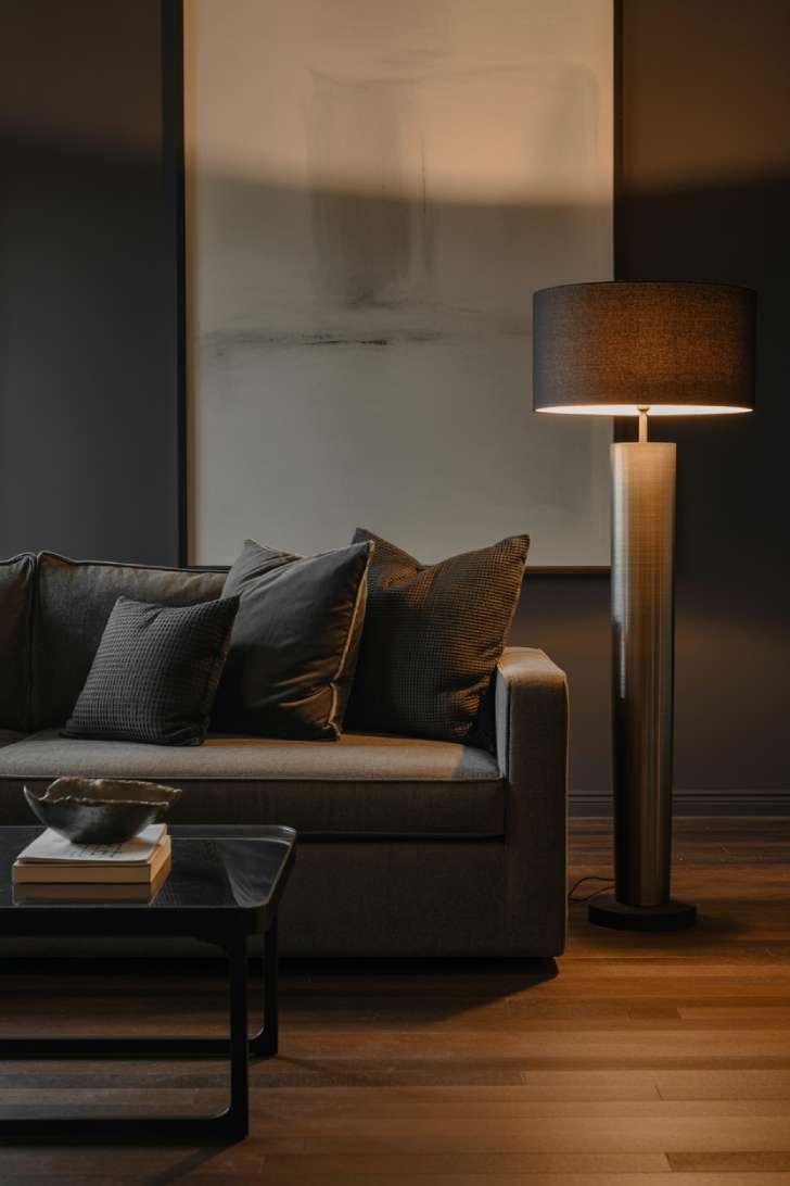 Sophisticated charcoal living room with large abstract painting and brushed metal floor lamp