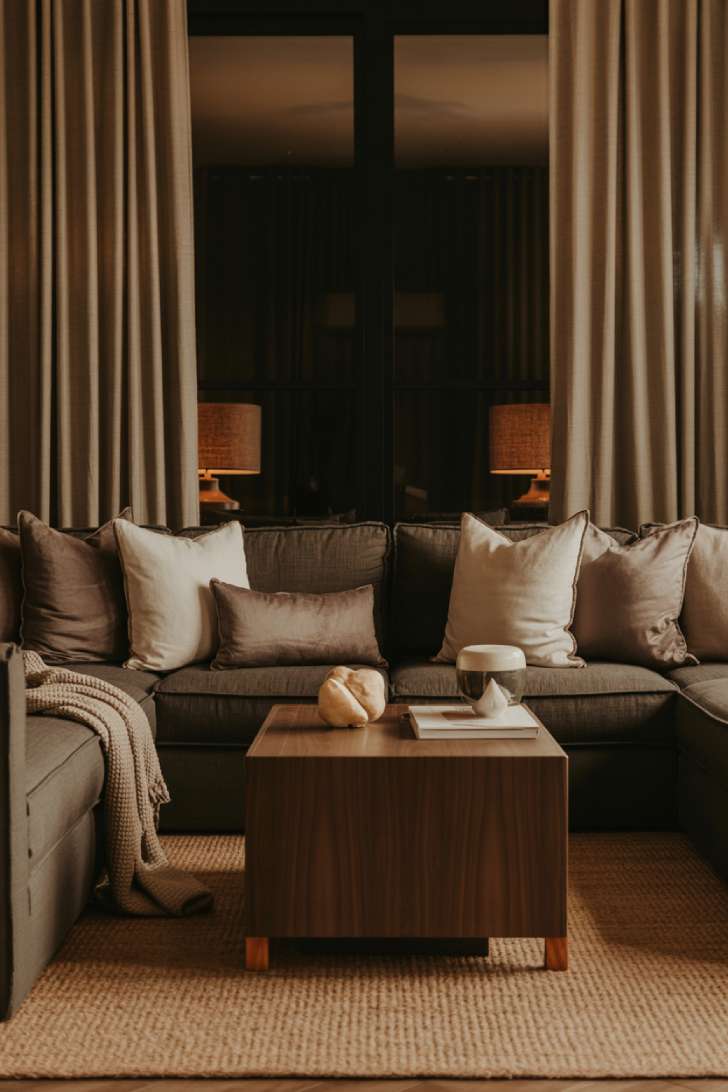 Cozy charcoal living room with chunky knit throw and walnut coffee table