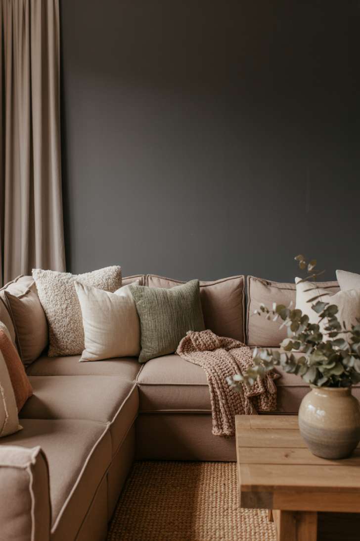 Charcoal and taupe living room with sage green and dusty rose pillow accents