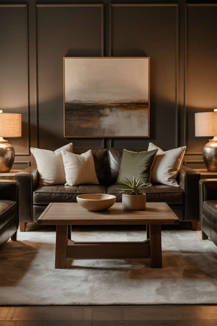 A dark neutral living room