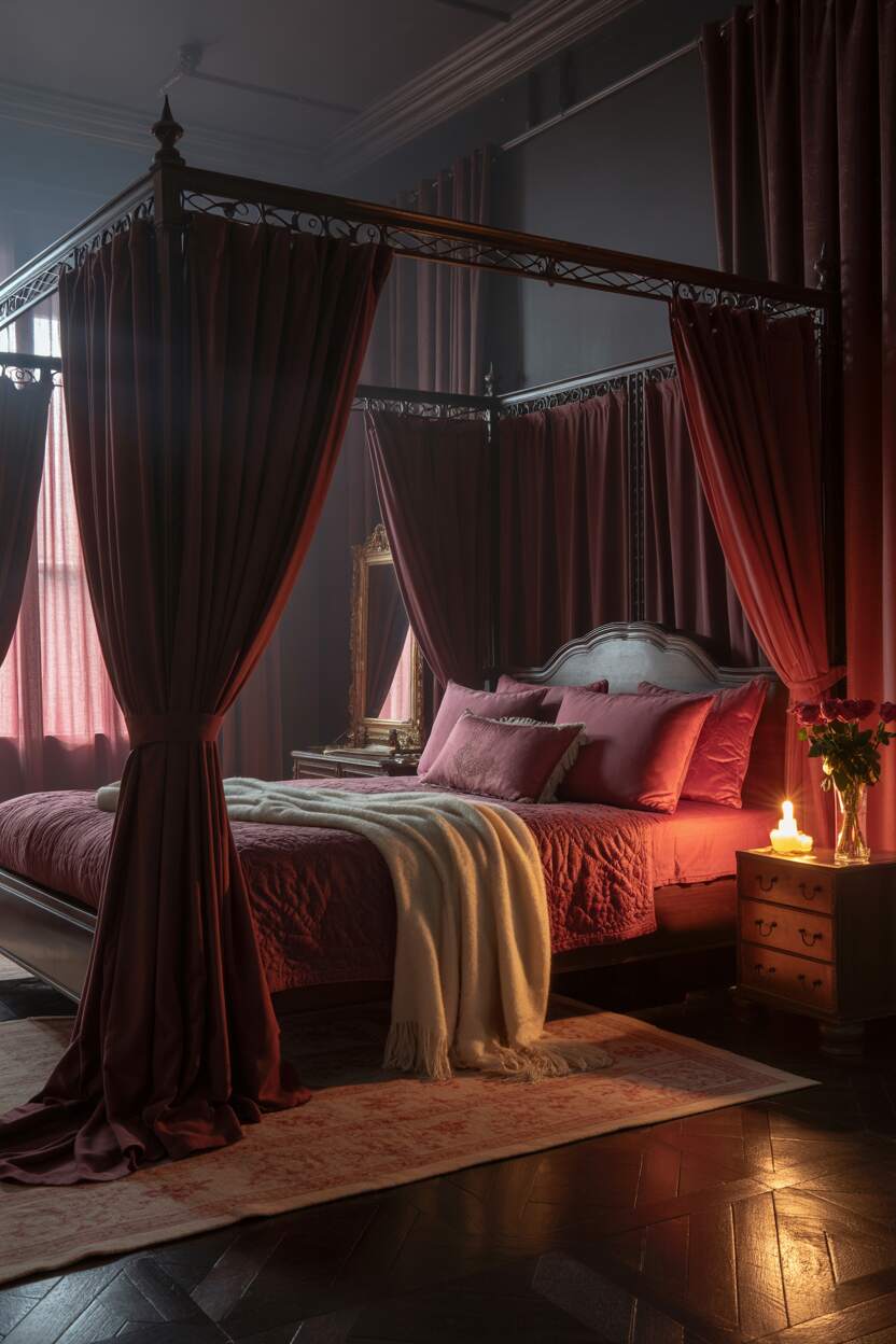 20 Dark Romantic Bedroom Ideas for a Moody, Luxe Vibe 1 Luxurious dark romantic bedroom with four-poster bed draped in crimson velvet curtains, featuring ivory throw, handwritten "dream" note, and wilting roses