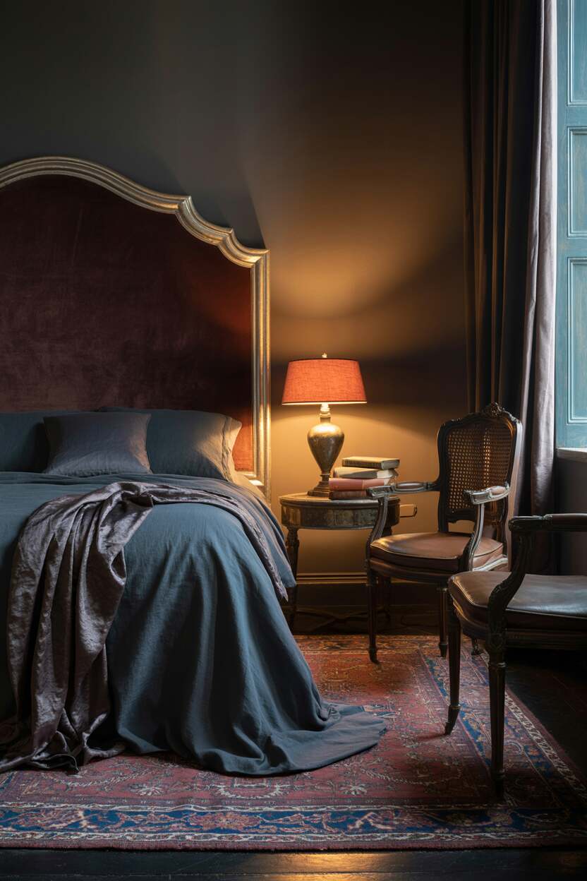 20 Dark Romantic Bedroom Ideas for a Moody, Luxe Vibe 2 Moody bedroom with burgundy velvet headboard, dark grey linens, antique lamp, and Persian rug on dark hardwood floors