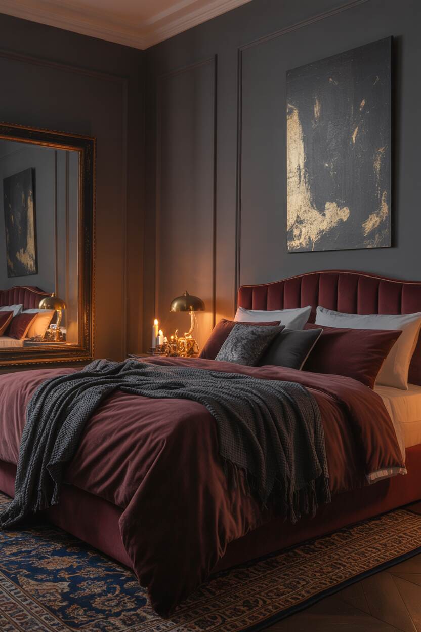 20 Dark Romantic Bedroom Ideas for a Moody, Luxe Vibe 3 King-sized bed with burgundy velvet linens and grey throw pillows in a charcoal grey room with "Morbid" lamp and ornate mirror
