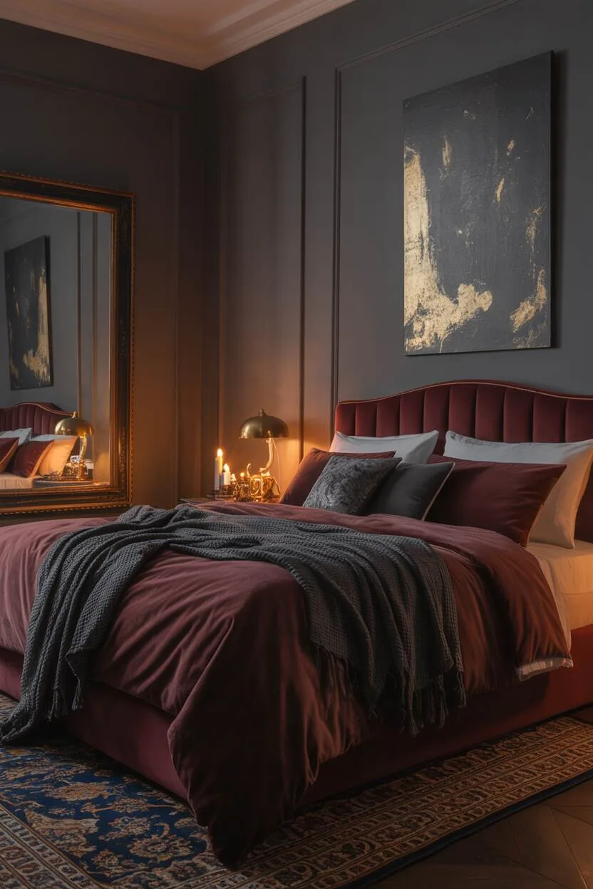 20 Dark Romantic Bedroom Ideas for a Moody, Luxe Vibe 3 King-sized bed with burgundy velvet linens and grey throw pillows in a charcoal grey room with "Morbid" lamp and ornate mirror